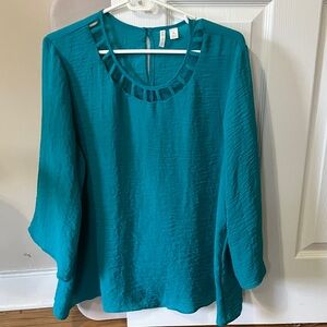 Cato Teal Blouse with Cutout Neckline